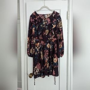 Xhilaration Floral Print Long Sleeve Scoop Neck Button-Front Mini Dress - Wine M